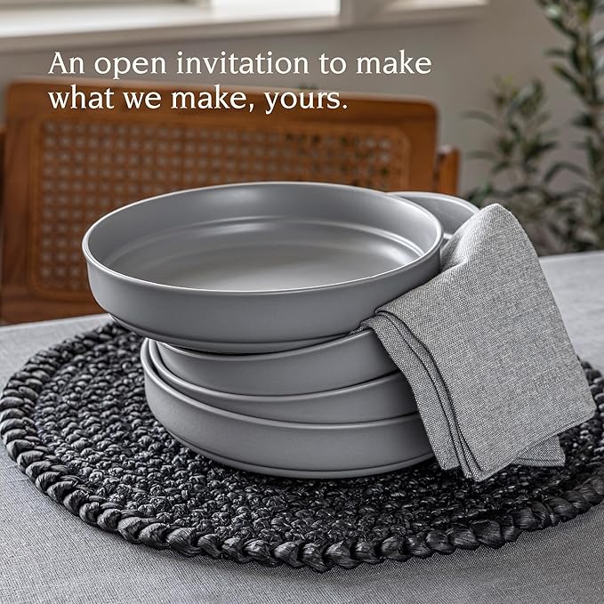 over&back Rim Dinner Bowl Set - Stoneware Dishes - Comes with 4 Dinner Bowls - For Pasta, Salads, and More - Easy-to-Stack All-Occasion Place Settings - 8.1" x 8.1" x 1.8" - 32oz - Semi-Matte Charcoal