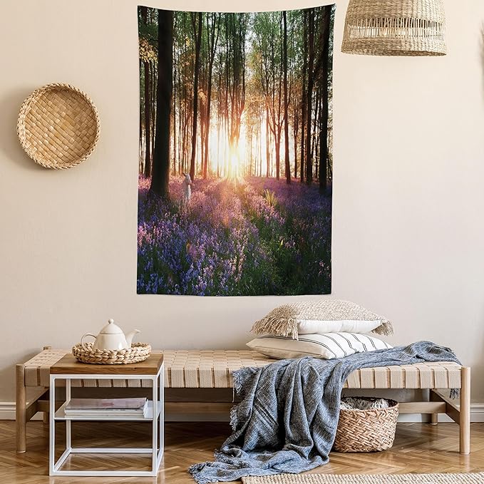Ambesonne Forest Tapestry Twin Size, Bluebell Woods Sunrise with White Rabbit Sunny Spring Day in Woodland, Wall Hanging Bedspread Bed Cover Wall Decor, 68" X 88", Purple Green