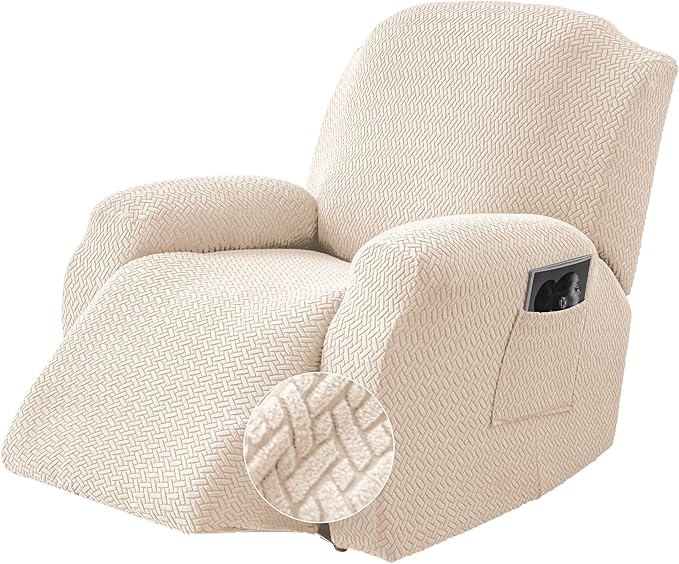 Genina Recliner Chair Cover, Stretch Reclining Chair Covers, Recliner Sofa Slipcovers Stripe Jacquard Lazy Couch Covers Furniture Protector Covers for Pet Kid (Beige, 1 Seat)