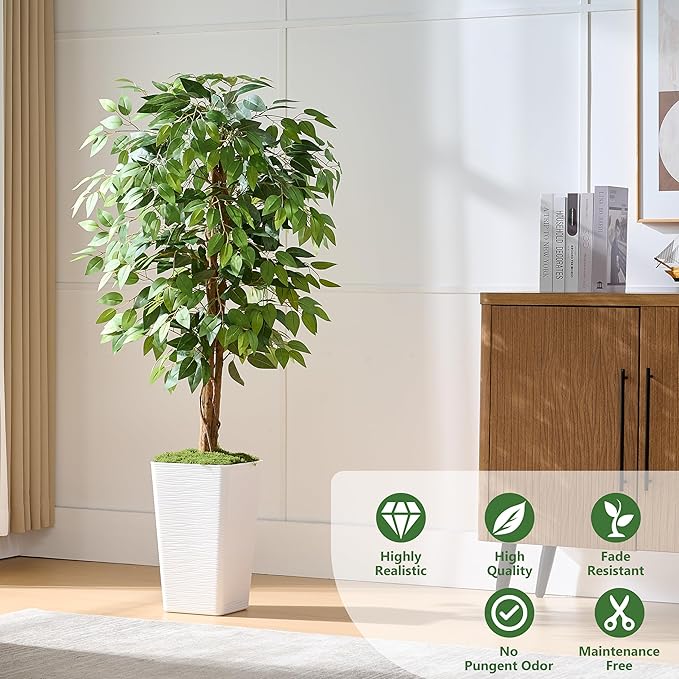 Artificial Ficus Tree 5FT Faux Floor Tree with Planter UV Resistant Potted Fake Silk Plant - Faux Trees Indoor Outdoor Lifelike Fake Ficus Tree for Home, Living Room Bedroom Topiary Tree