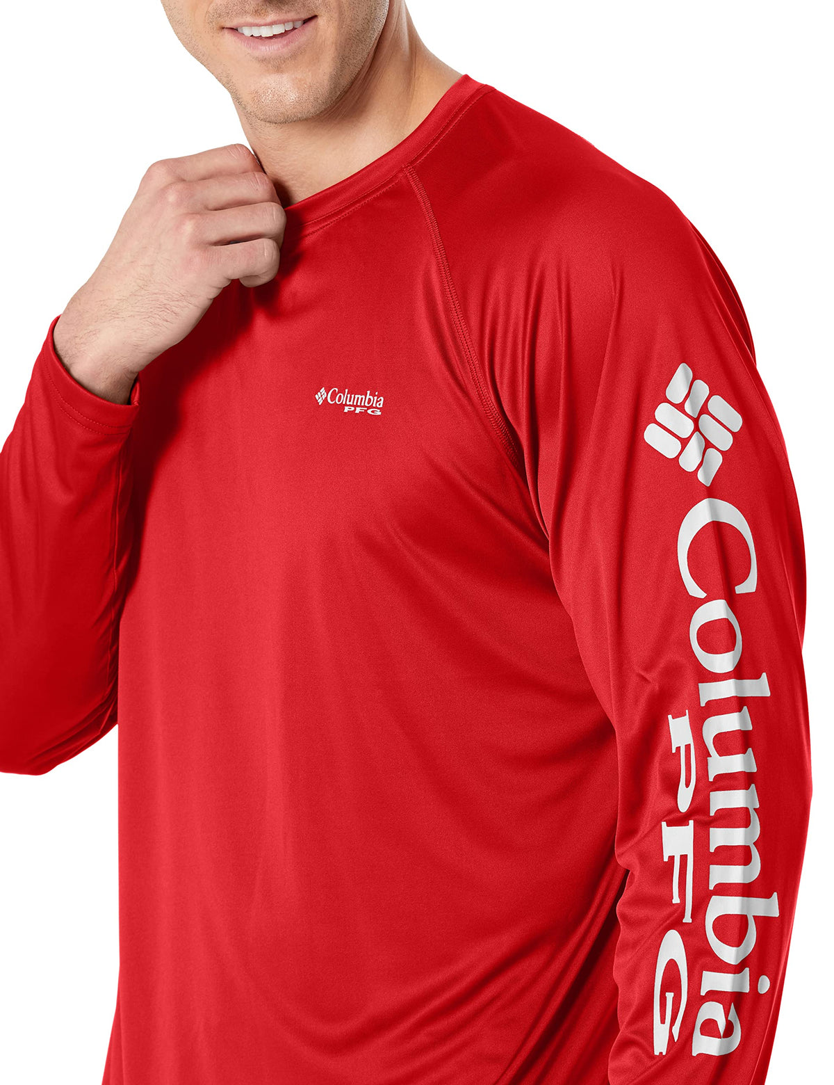 Columbia Men's PFG Terminal Tackle Long Sleeve Fishing Shirt, Red Spark/White Logo, Large