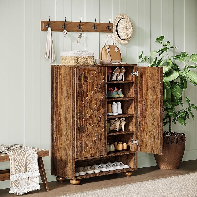 Tribesigns Shoe Cabinet with Doors, 6-Tier Shoe Rack with Solid Wood Feet and Adjustable Shelves, 43.3" Tall Storage Cabinet for Entryway, Hallway, Bedroom (Walnut)