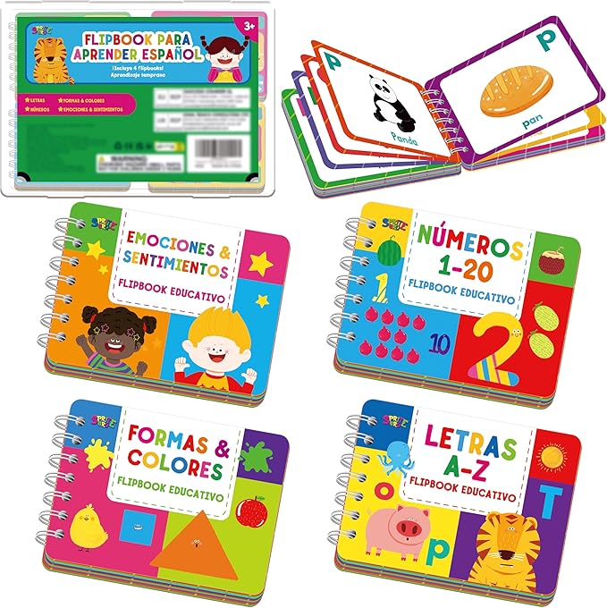 4 Spanish Learning Flipbooks, Double-Sided Printed Mini Book Set, Alphabet A-Z, Number 1-20, Feelings and Emotions, Shapes and Colors Mini Board Books Set, Early Educational Tool for Kids