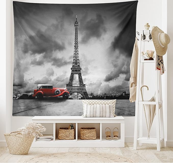 Ambesonne Eiffel Tower Tapestry, Image of Eiffel Tower Paris France Vintage Car Street Dark Clouds, Fabric Wall Hanging Decor for Bedroom Living Room Dorm, 28" X 23", Black Red