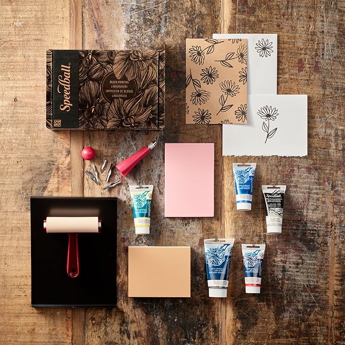 Speedball Deluxe Block Printing Kit - Includes Inks, Brayer, Bench Hook, Lino Handle and Cutters, Speedy-Carve Block, Mounted Linoleum Block (3472)