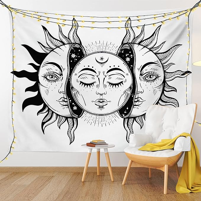 Ambesonne Moon Tapestry Queen Size, Monochrome Sun and Moon Pattern Oriental Image Culture Inspired Design Print, Wall Hanging Bedspread Bed Cover Wall Decor, 88" X 88", White Black