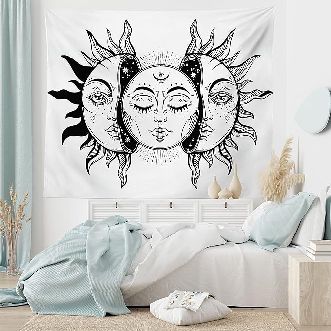 Ambesonne Moon Tapestry Queen Size, Monochrome Sun and Moon Pattern Oriental Image Culture Inspired Design Print, Wall Hanging Bedspread Bed Cover Wall Decor, 88" X 88", White Black