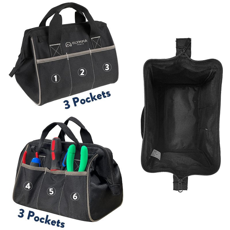 Olympia Tools Tool Bag 12 Inch, Heavy Duty Tools Bag with 3 Large Pockets, Adjustable Shouder Straps and 600D Reinforced Material