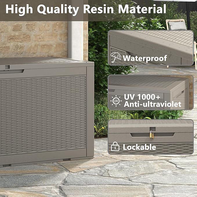 100 Gallon Deck Box Lockable Rattan Outdoor Storage Box waterproof Outdoor Container for Patio Furniture Cushions, Pillow
