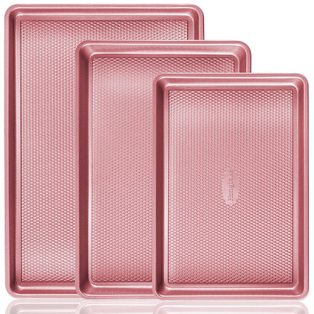 HONGBAKE 3 Pack Gold Nonstick Baking Sheet Pan Set with Oven Mitts Heat Resistant, Non-Toxic Half/Quarter/Jelly Roll Pans with Diamond Texture Pattern, Heavy Duty 0.8mm Thick Cookie Trays for Cooking