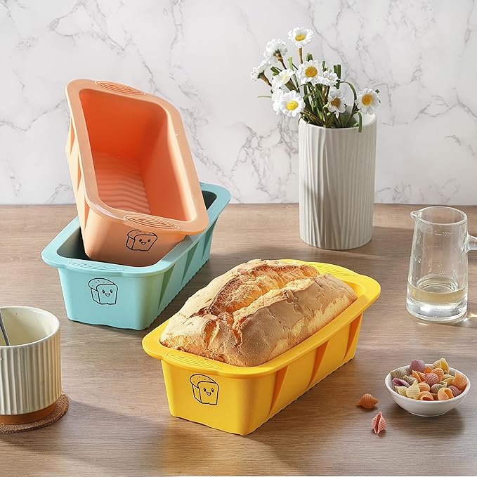 DAJLFA Silicone Bread Loaf Pan, 3 PCS Silicone Loaf Pans for Baking, Non Stick Bread Pans for Homemade Bread, Brownies, Cakes, Dishwasher Safe (3 Colors, Nesting Design)