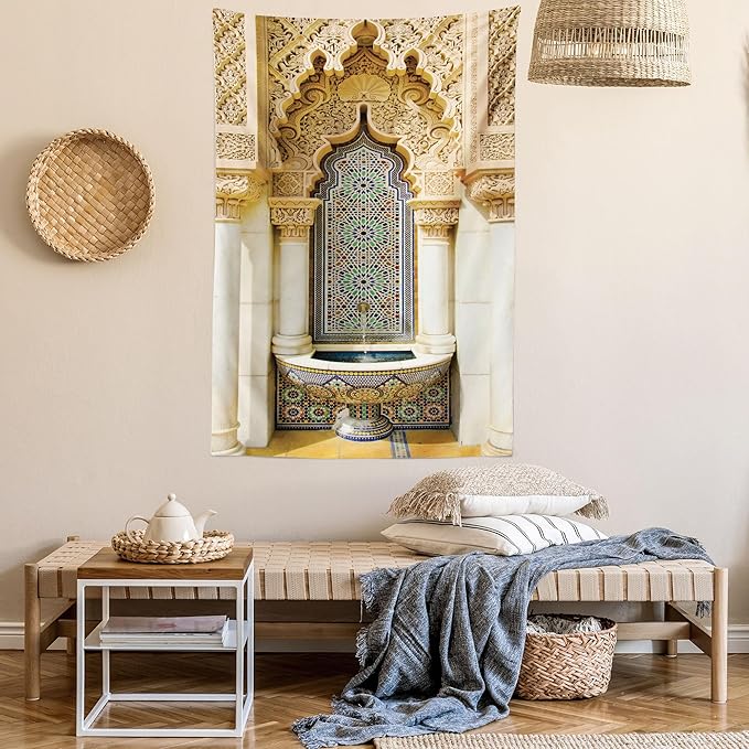 Ambesonne Moroccan Tapestry, Vintage Building Design Art Historic Exterior Facade with Mosaic Print, Fabric Wall Hanging Decor for Bedroom Living Room Dorm, 30" X 45", Ivory Pale Brown Blue