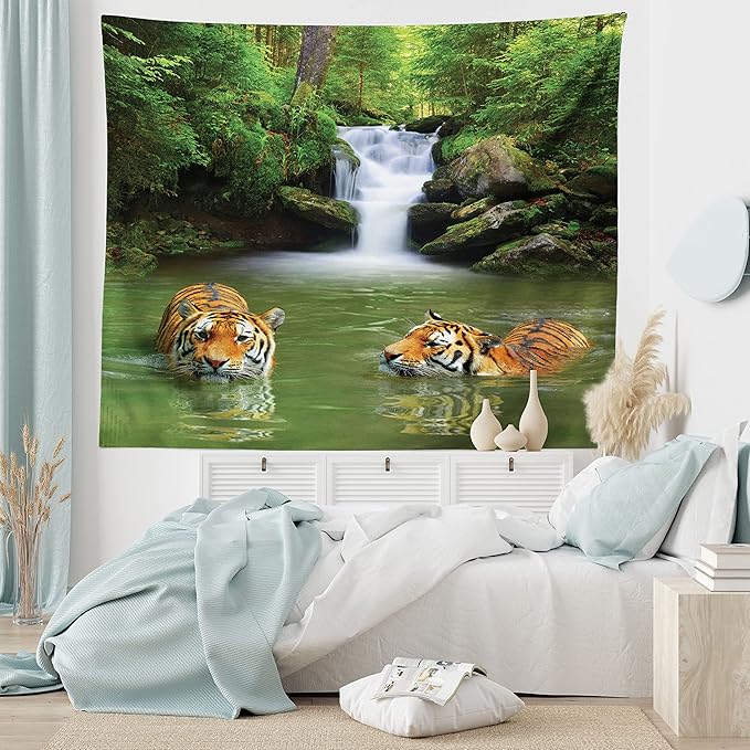 Ambesonne Savannah Tapestry King Size, Siberian Tigers in Water Waterfall Pool Woodland Swimming Natural, Wall Hanging Bedspread Bed Cover Wall Decor, 104" X 88", Reseda Green Orange