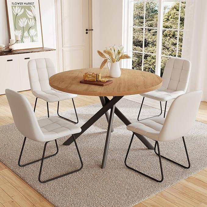 45.3 Inch Round Dining Table Set for 4, Mid Century Modern Small Kitchen Coffee Set for Dining Room Kitchen Apartment (Oak Table + 4 U-Shaped White Chairs)