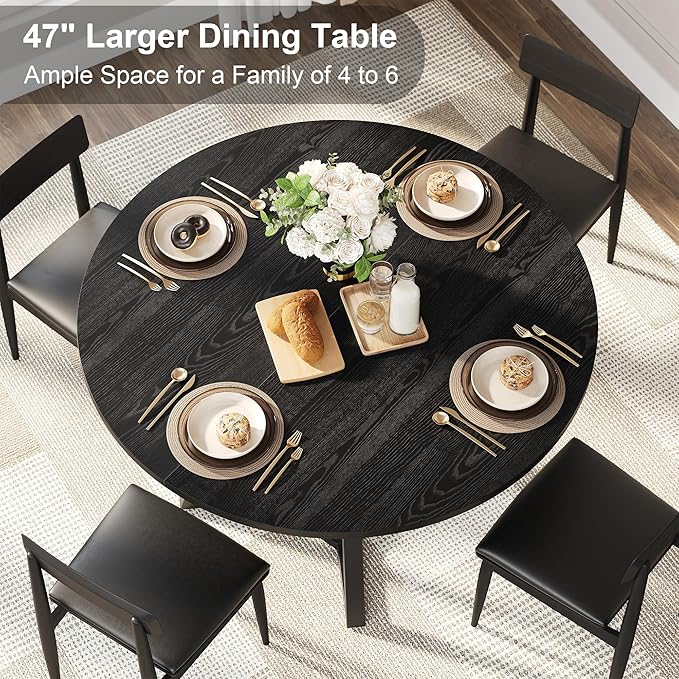 Round Dining Table for 4, Kitchen Tables Dining Room Circle Dinner Table with Pedestal Metal Frame, Space Saving Wood Industrial Kitchen & Dining Room Tables, Black 47In