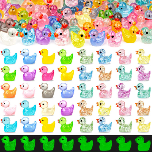 FEXIA 100pcs Mini Ducks Glitter Resin Ducks Mini Resin Animals Figures to Hide Glow in The Dark Tiny Duck Figures for Dollhouse Aquarium Fairy Garden Decor