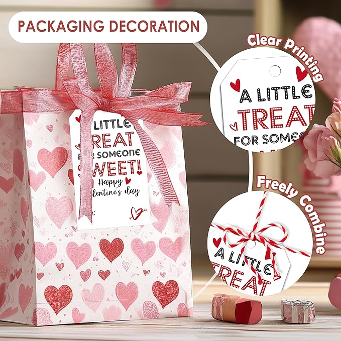 50Pcs Valentines Day Gift Sticker Tags - 3.5 x 2.1 in A Little Treat Happy Valentine Tags with String, Gift Label Idea Valentines Activity School Classroom Party Favors