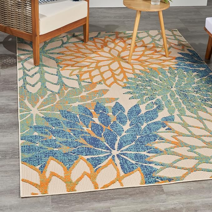 Nourison Home Aloha Indoor Outdoor Blue Green 3'6" x 5'6" Area Rug, Easy Cleaning, Non Shedding, Bed Room, Living Room, Dining Room, Backyard, Deck, Patio (4x6)