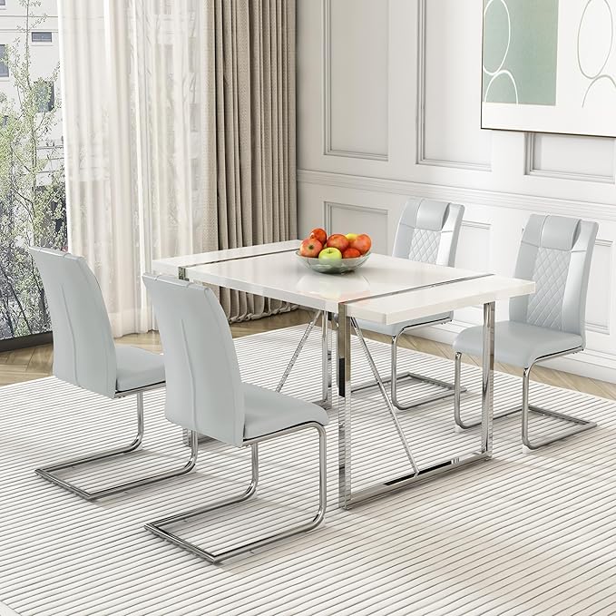 Dining Table Chairs Set for 4, Modern Rectangular Dining Room Table Set PU Leather Upholstered Dining Chairs 55" Dinner Table Set for Kitchen, Dining Room