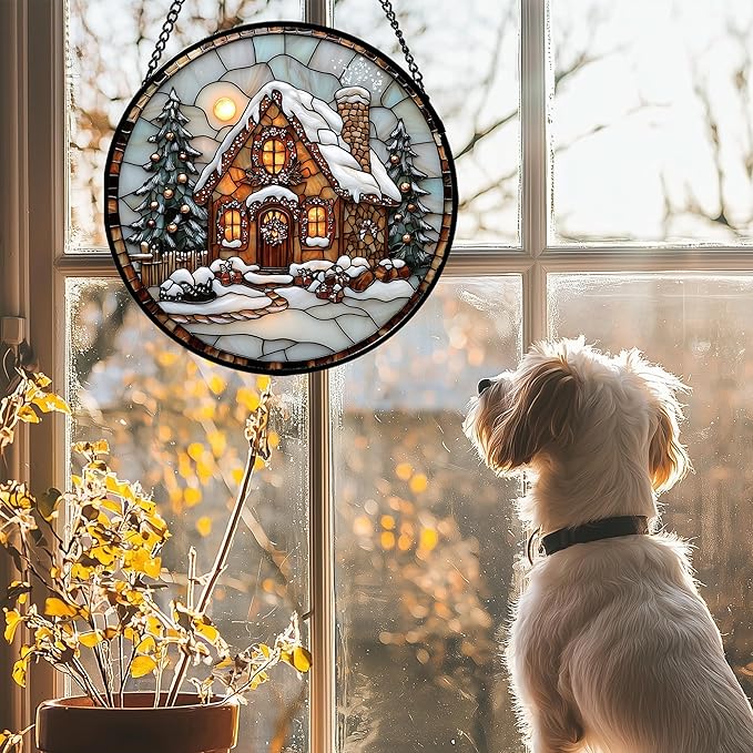Stained Glass Window Hanging - Christmas Tree Cottage Sun Catcher for Door Garden Home Winter Decor Snowy Night Suncatcher Mother's Day Birthday Gifts for Women Men Mom Nana 7.8 in