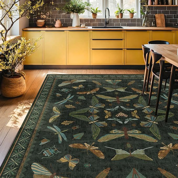 Dark Green Insect Area Rugs 8x10 for Living Room, Dining Room Under Table, Bedroom, Unique Washable Floral Non Slip Low Pile Soft Rug