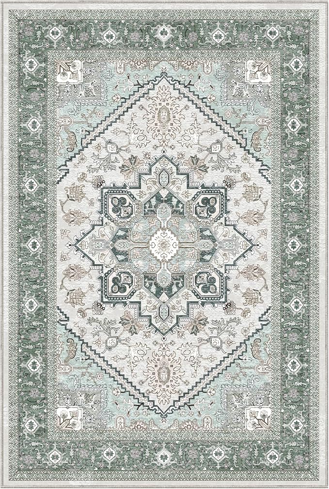OPPODREAM Thin 6x9 Area Rugs, Washable Rug 6x9 with Non Slip Backing, Faux Cashmere Low-Pile 6 x 9 Carpet, Green