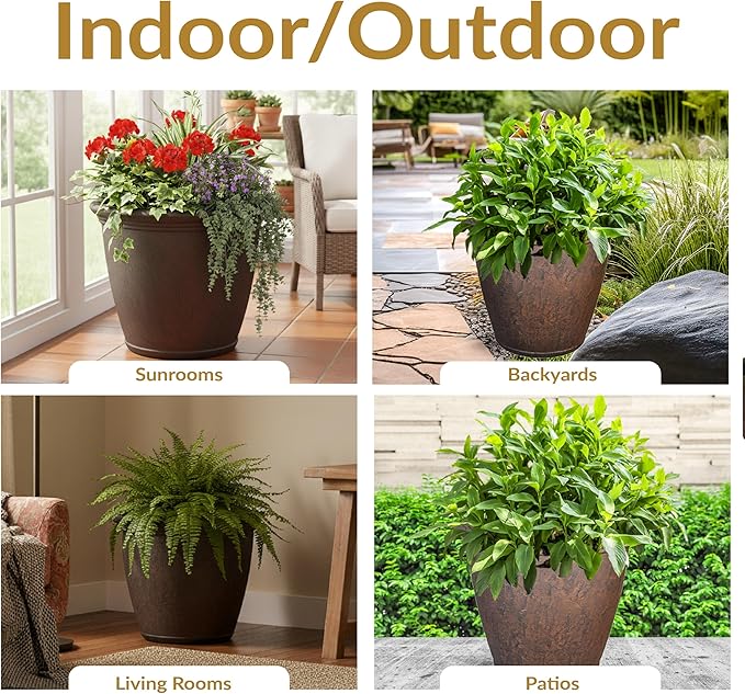 Sunnydaze 24-Inch Anjelica Large Plastic Pot for Plants - Double-Walled Outdoor Polyresin Round Planter Porch Pot with Drillable Drainage Holes - Rust - 4pk