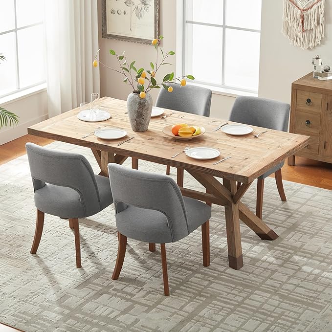 VKNOW Wooden Dining Chairs Set of 2, Modern Fabric Upholstered Dining Room Chair Kitchen Chairs, Farmhouse Dinner Chair for Kitchen Dining Room, Fabric Grey