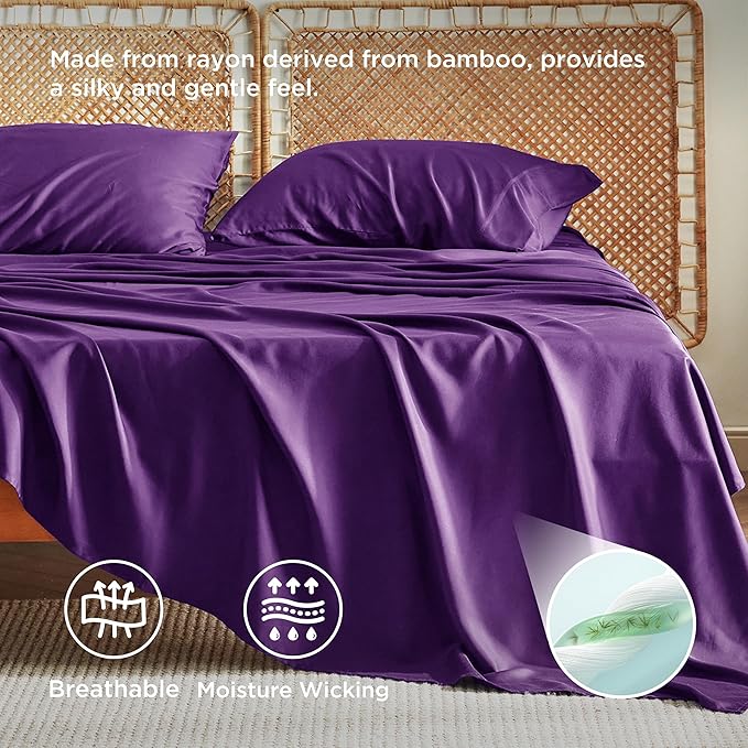 Bedsure California King Sheet Sets, Cooling Sheets for Hot Sleepers, Rayon Derived from Bamboo, Breathable & Soft, Deep Pocket Up to 16 Inches, Hotel Luxury Silky Bedding, Plum