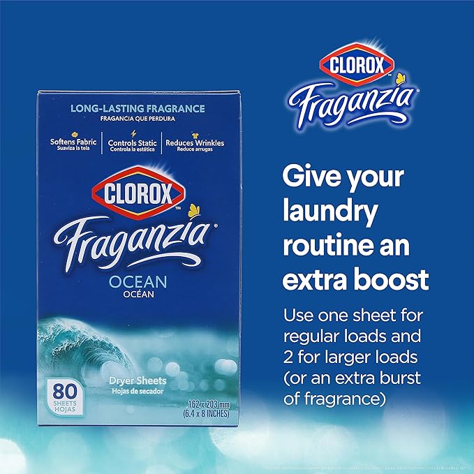 Clorox Fraganzia Fabric Softener Dryer Sheets, Wrinkle Reducing and Anti Static Laundry Dryer Sheets for Great Smelling Clothes, Softens Fabrics, Fresh Ocean Scent, 80 Count