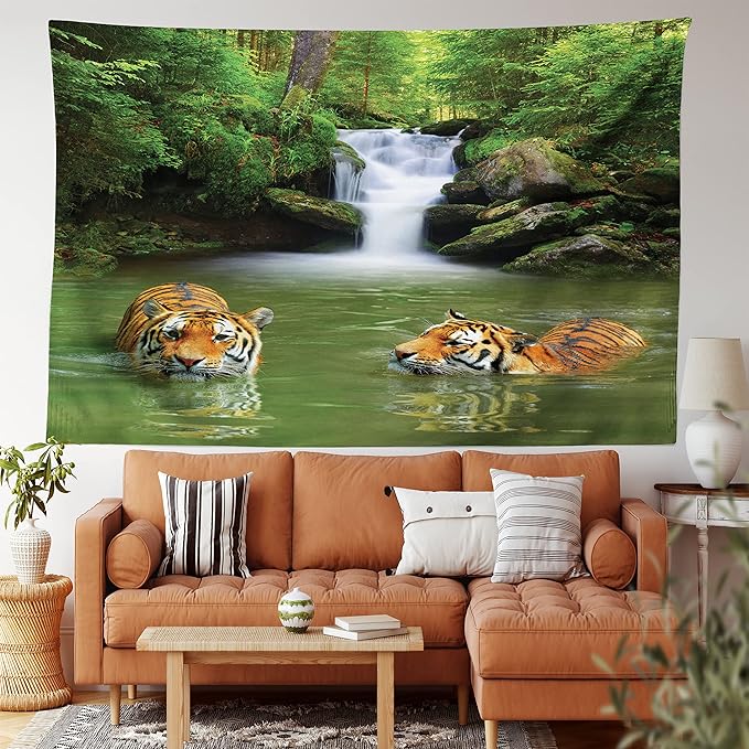 Ambesonne Savannah Tapestry King Size, Siberian Tigers in Water Waterfall Pool Woodland Swimming Natural, Wall Hanging Bedspread Bed Cover Wall Decor, 104" X 88", Reseda Green Orange