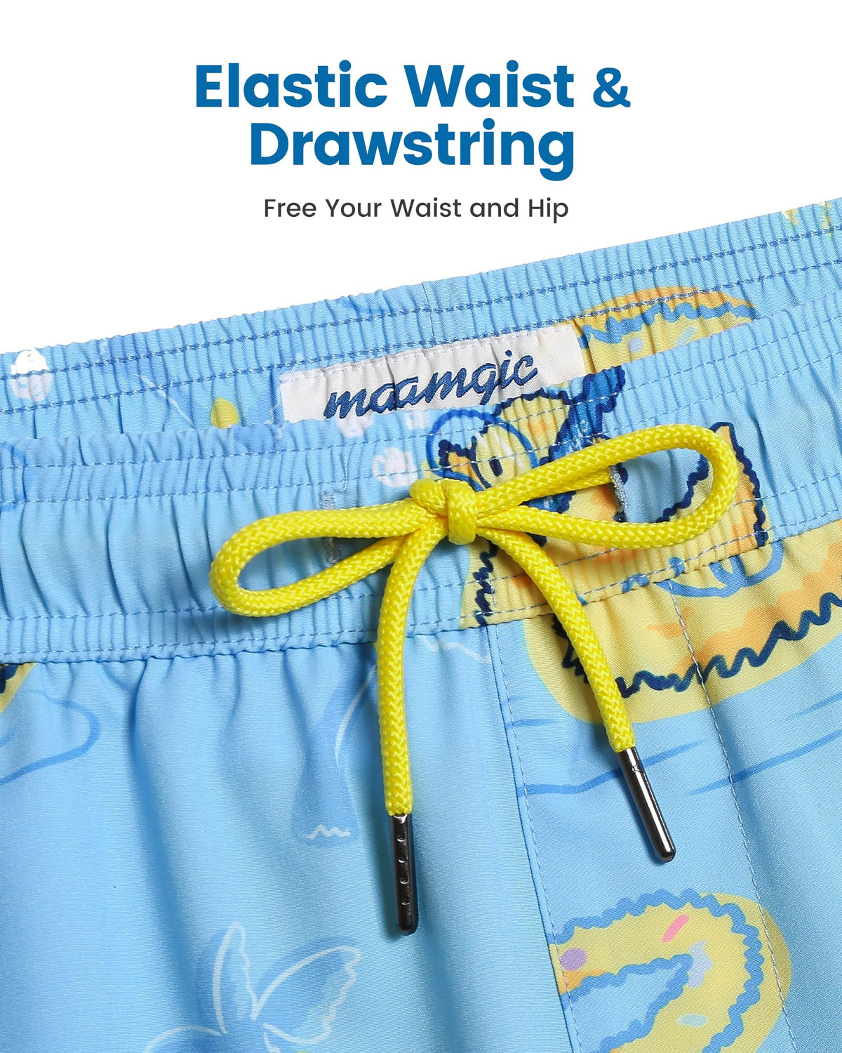 maamgic Mens Swim Trunks with Compression Liner 5 Inch, Quick Dry Bathing Suit with Zipper Pockets, Stretch No-Chafing Swim Shorts, Blue-Swimming Duck X-Large