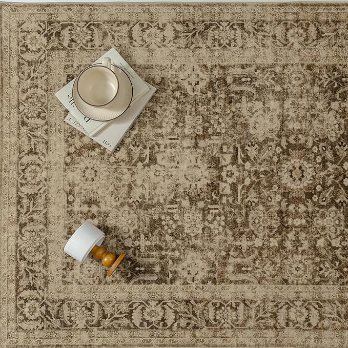 Brown 8x10 Area Rug Non Slip Large Vintage Living Room Distressed Machine Washable Retro Carpet Indoor Bedroom Traditional Floral Accent Throw Rug for Office Kitchen Dorm Dining Room