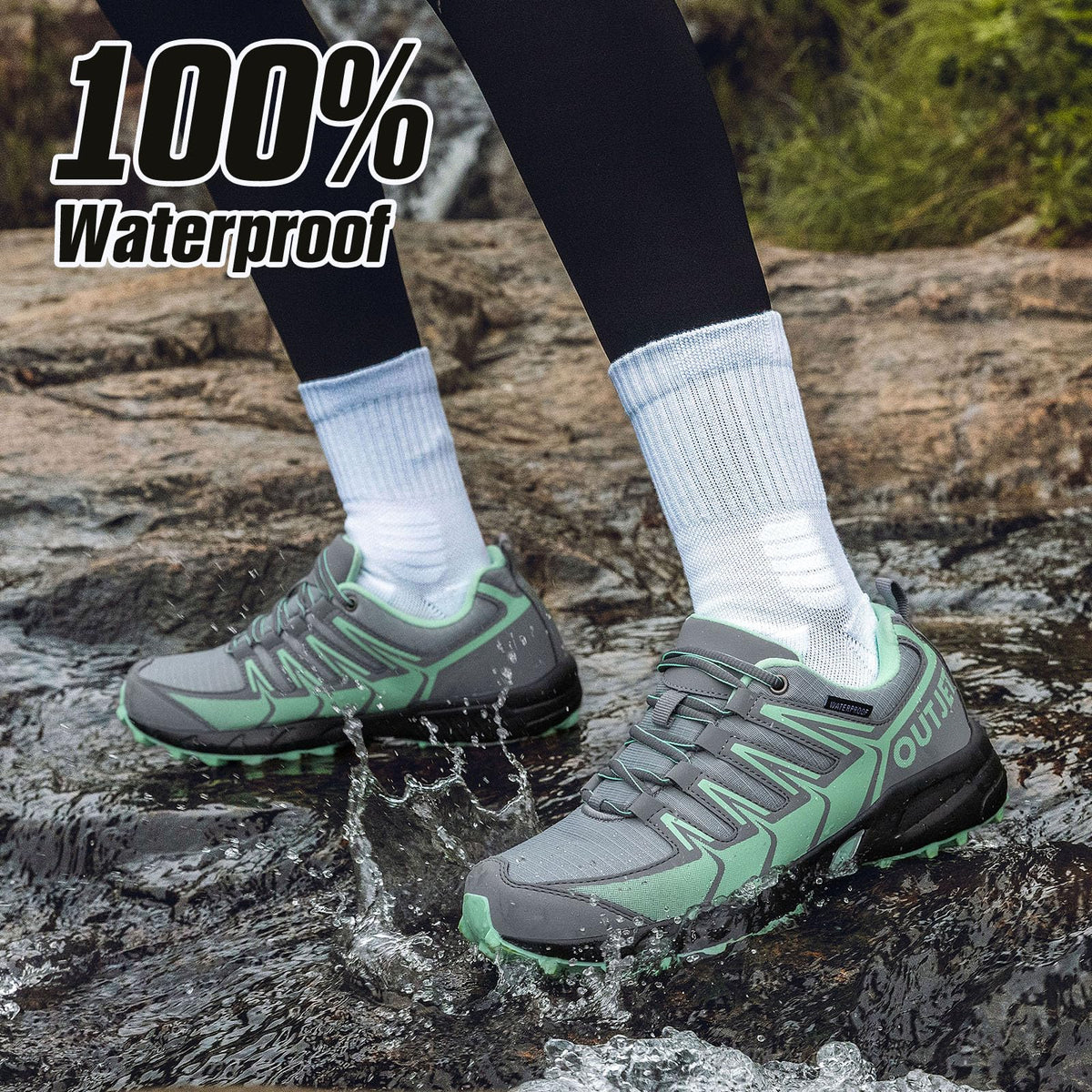 OUTJET Women's Waterproof Hiking Shoes Lightweight Non-Slip Trails Walking Shoes Outdoor Sneakers Green
