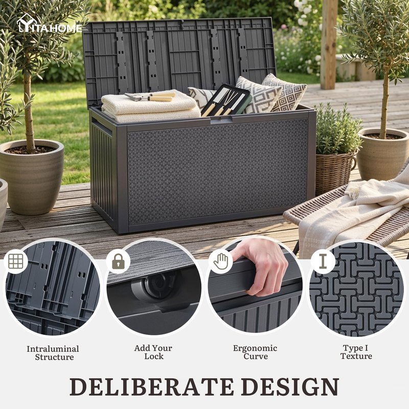 YITAHOME 95 Gallon Outdoor Storage Deck Box, Waterproof Resin Deck Box w/Handles, Lockable Outdside Deck Box for Patio Furniture, Garden Tools, Lockable & UV Resistant(Dark Gray)
