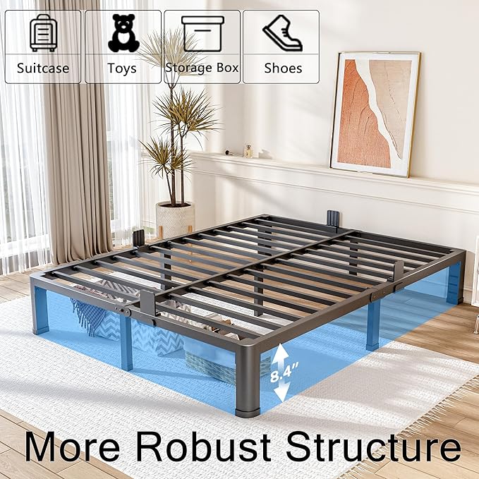 FUIOBYVV 10 Inch King Bed Frame with Rounded Corner and Headboard Hole Mattress Retainers 3500 LBS Metal Heavy Duty Steel Slats Support No Box Spring Needed Platform Noise Free Easy Assembly
