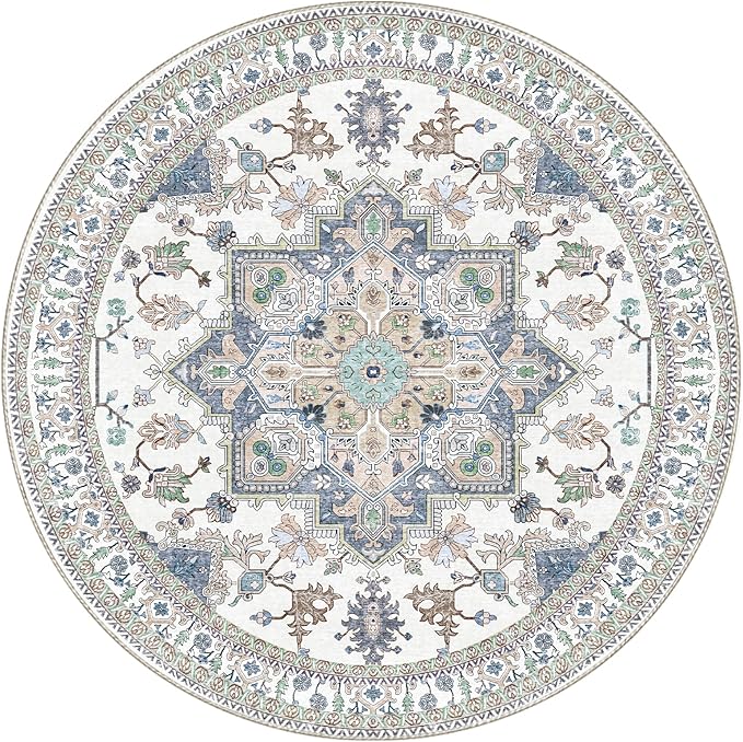 OPPODREAM Thin Round Rug 5ft, Washable Circle Rug 5ft with Non Slip Backing Play Room, Low-Pile Carpet 5 ft, Faux Cashmere Throw Carpet, Purple & Green & Cream
