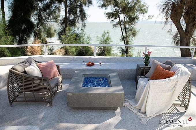 Elementi+ | Bundle Victoria Gas Fire Pit Cast Concrete 40" Square Fire Table, Outdoor Fire Pit Electronic Ignition | Canvas Cover, Fire Glass and Burner Lid Included | Light Gray | Natural Gas