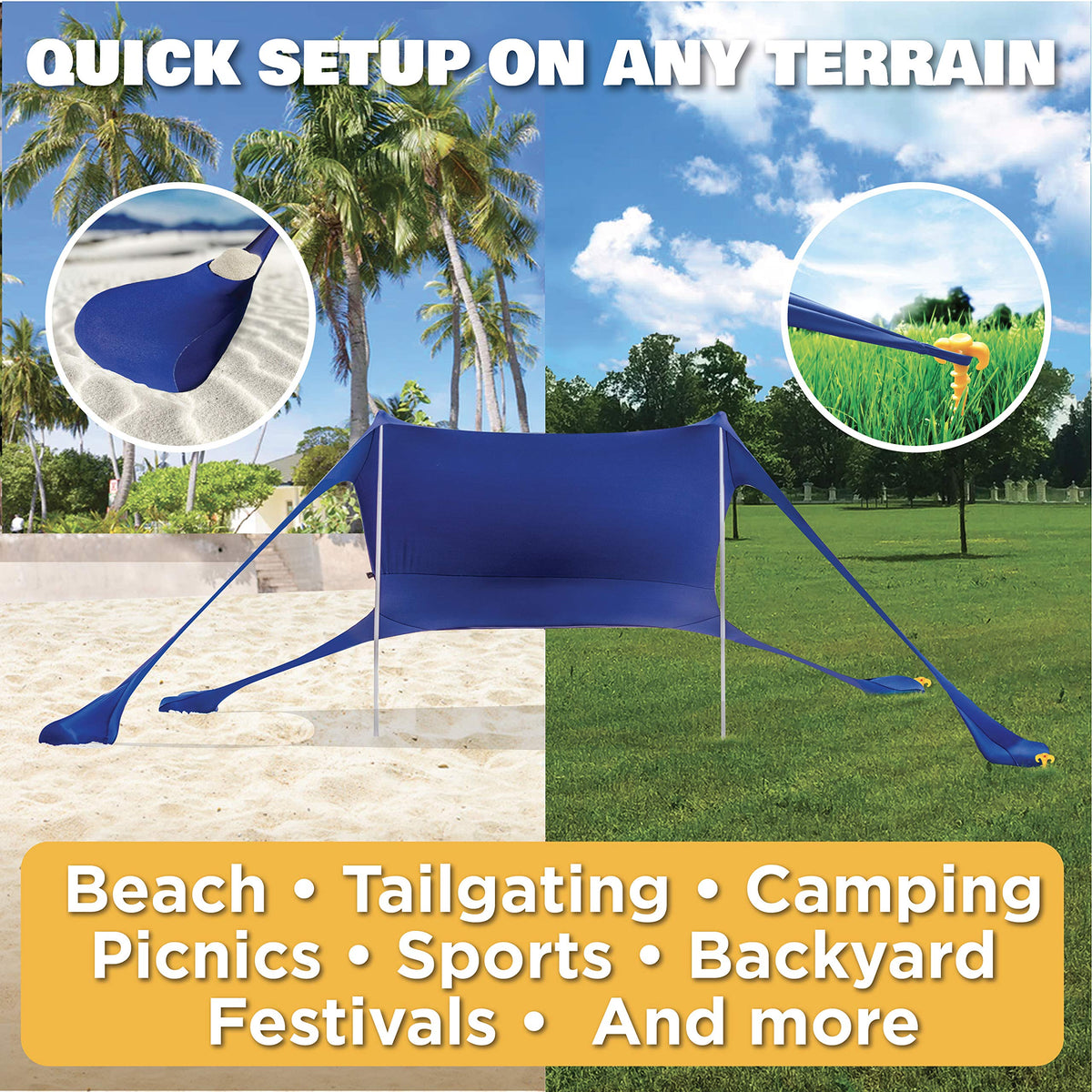SUN NINJA Pop Up Beach Tent Sun Shelter UPF50+ with Sand Shovel, Ground Pegs and Stability Poles, Outdoor Shade for Camping Trips, Fishing, Backyard Fun or Picnics (7x7.5 FT 2 Pole, Navy)
