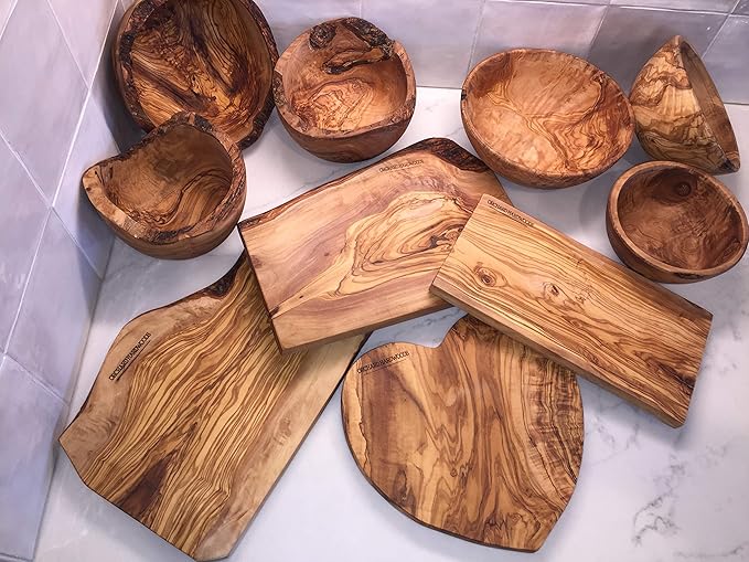 14" Rustic Olive Wood Bread Basket- Live Bark Edge, Oval Baguette Dough Bowl Natural Serving Bowl for Italian Bread, Fruit, Food. In Med 14", Lg 18" (Medium 14 x 3-4 x 1.5-3")