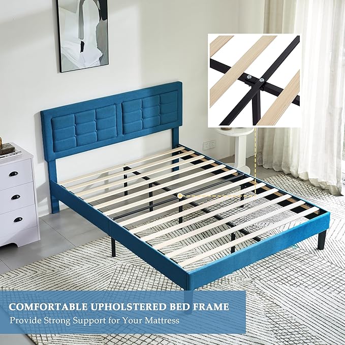 VECELO Queen Size Bed Frame with Adjustable Headboard, Upholstered Button Tufted Platform Bedframe with Wood Slats Support, No Box Spring Needed, Aegean Blue