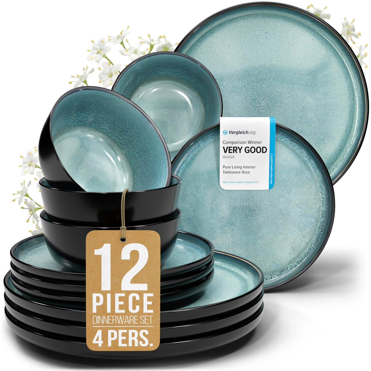 24 Piece Stoneware Dinnerware Set for 8, Handmade Plates and Bowls Set