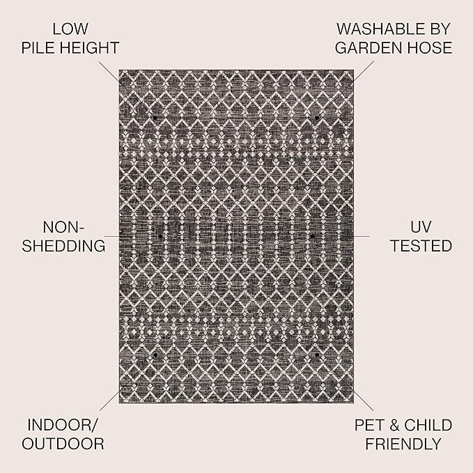 JONATHAN Y SMB108F-3R Ourika Moroccan Geometric Textured Weave Black/Gray 3' Round Indoor/Outdoor Area Rug, Pet Friendly, Non-Shedding, Stain Resistant, Easy-Cleaning for Backyard, Patio, Porch