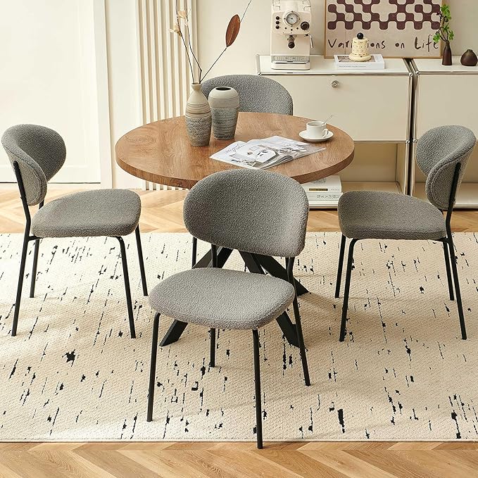 Round Dining Table Set for 4, Modern 5-Piece Kitchen Table Set, 37" Round MDF Living Coffee Table with 4 Seated Grey Boucle Dining Chairs Upholstered, Metal Legs for Dining Hall, Living Room