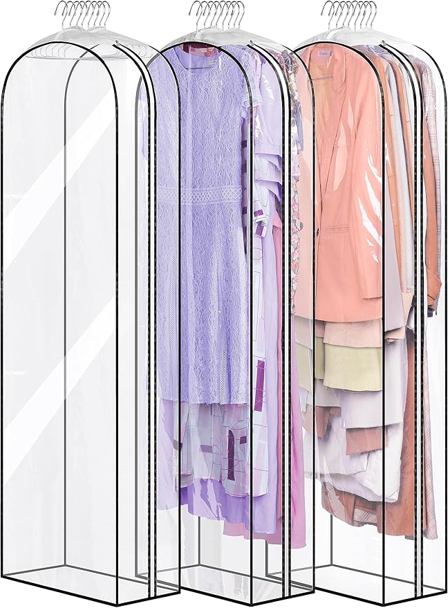 MISSLO 10" Gusseted All Clear Garment Bags for Hanging Clothes 60" Dress Bags for Gowns Long Fur Coat Closet Storage Covers, 3 Packs