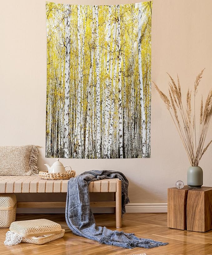 Ambesonne Forest Tapestry, Autumn Birch Forest Golden Yellow Leaves Woodland October Seasonal Nature Picture, Fabric Wall Hanging Decor for Bedroom Living Room Dorm, 30" X 45", Yellow Grey