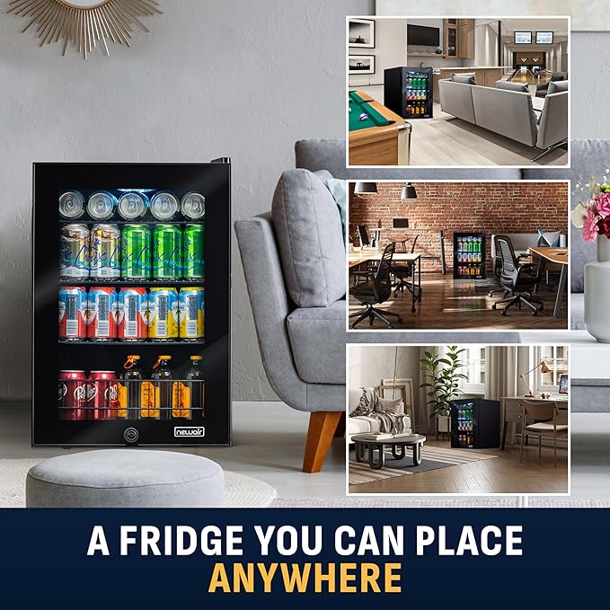 NewAir 90 Can Beverage Refrigerator | Freestanding Small Mini Fridge for Bedroom, Home Bar or Office | Adjustable Shelves, Quiet Cooling & Locking Door | Black