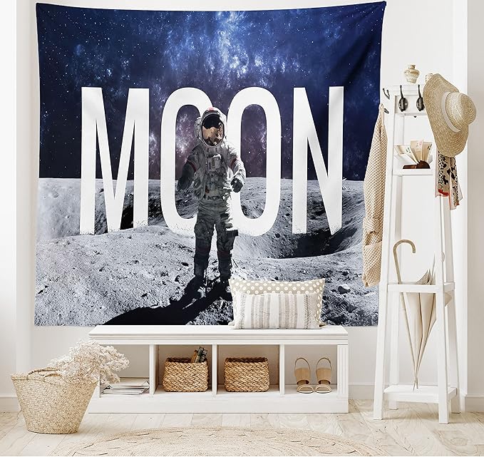 Ambesonne Outer Space Tapestry, Miniature Toy Astronaut on The Foreground of Giant Moon Big Bang Mars Print, Fabric Wall Hanging Decor for Bedroom Living Room Dorm, 28" X 23", Grey Blue