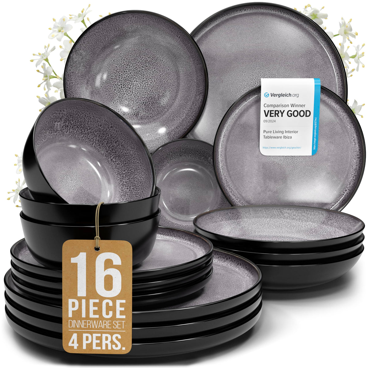24 Piece Stoneware Dinnerware Set for 8, Handmade Plates and Bowls Set