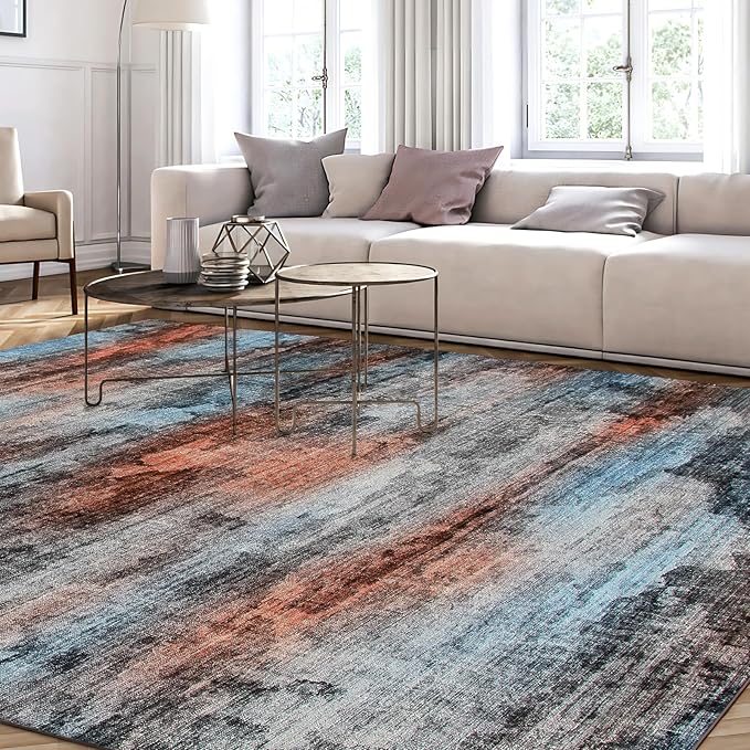 WILLSUN Washable Area Rugs, 9x12 Non-Slip Boho Large Area Rugs for Living Room, Bedroom, Machine Washable Vintage Rug, Indoor Floral Print Carpet for Home Decor, Kid & Pet Friendly Mat